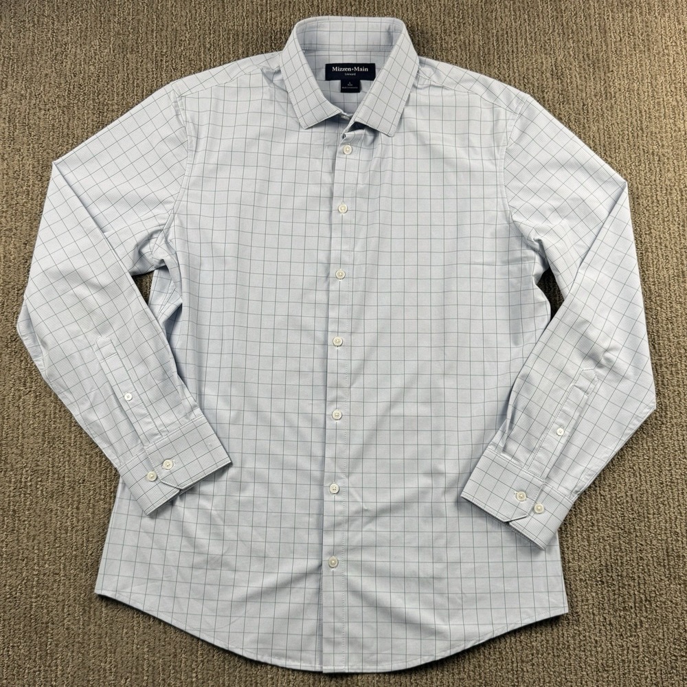 Mizzen + Main Mens L Leeward Trim Button Up Shirt Long Sleeve Blue Green Check